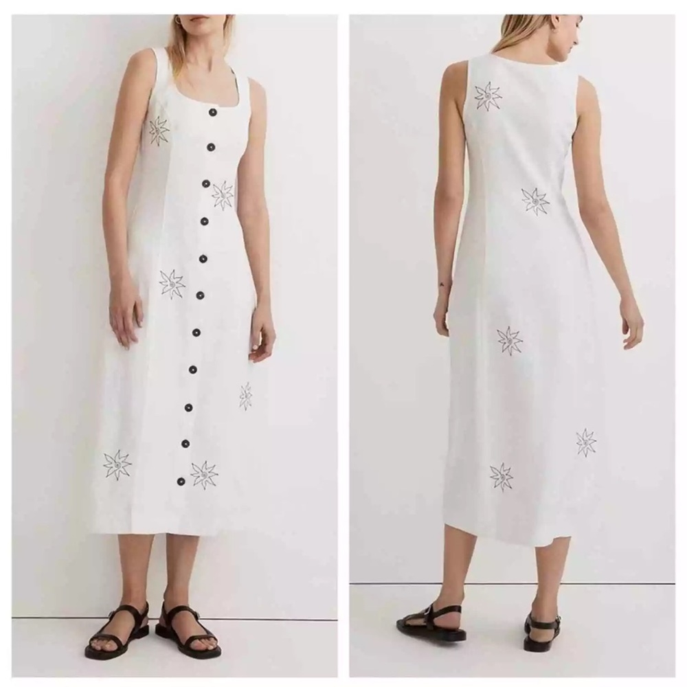 Madewell NWT Women’s White Linen Embroidered Button Front Midi Dress 100% Linen